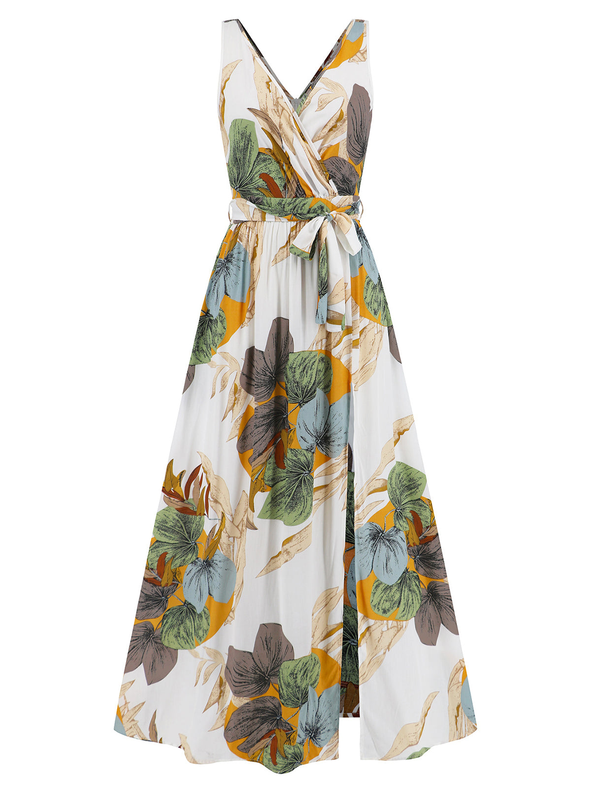 Sexy V Neck Print Sleeveless High Slit Dress