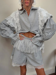 Striped Lace Patchwork Flare Sleeve Top And Shorts Sets
