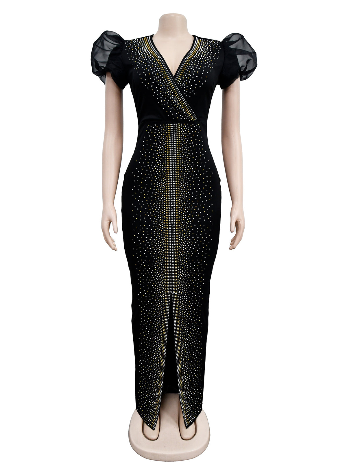 V Neck Rhinestone Puff Sleeves Bodycon Slit Dress