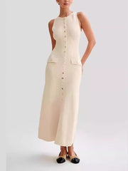 Fashion Ribbed Buttoned Sleeveless Midi Dress