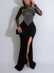 Mesh Sheer Rhinestone Club Split Dress