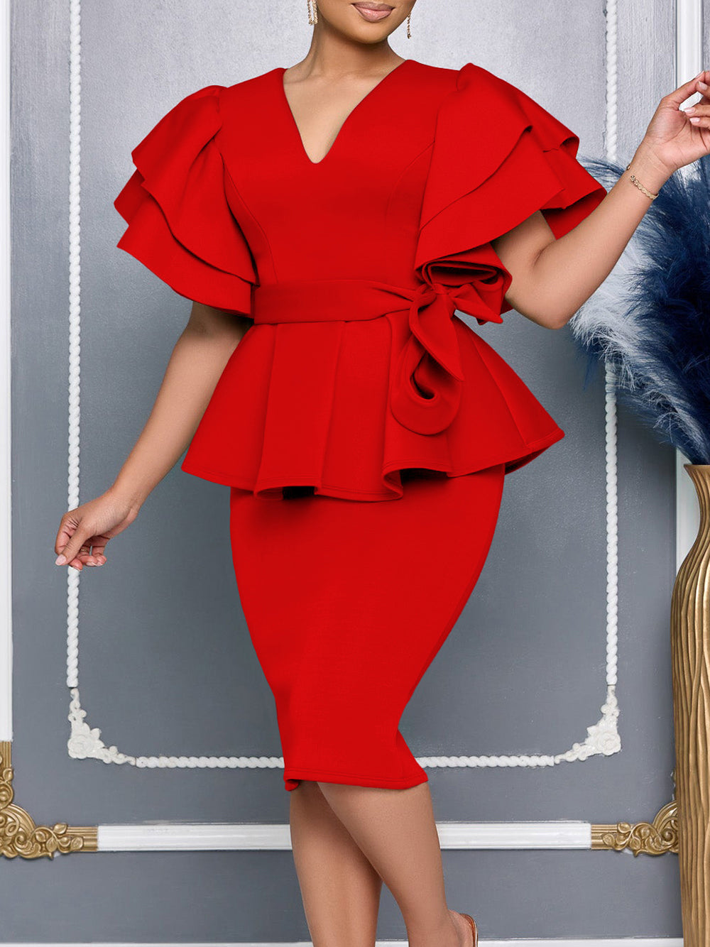 Fashion V-Neck Ruffle Sleeve Slim Midi Dress