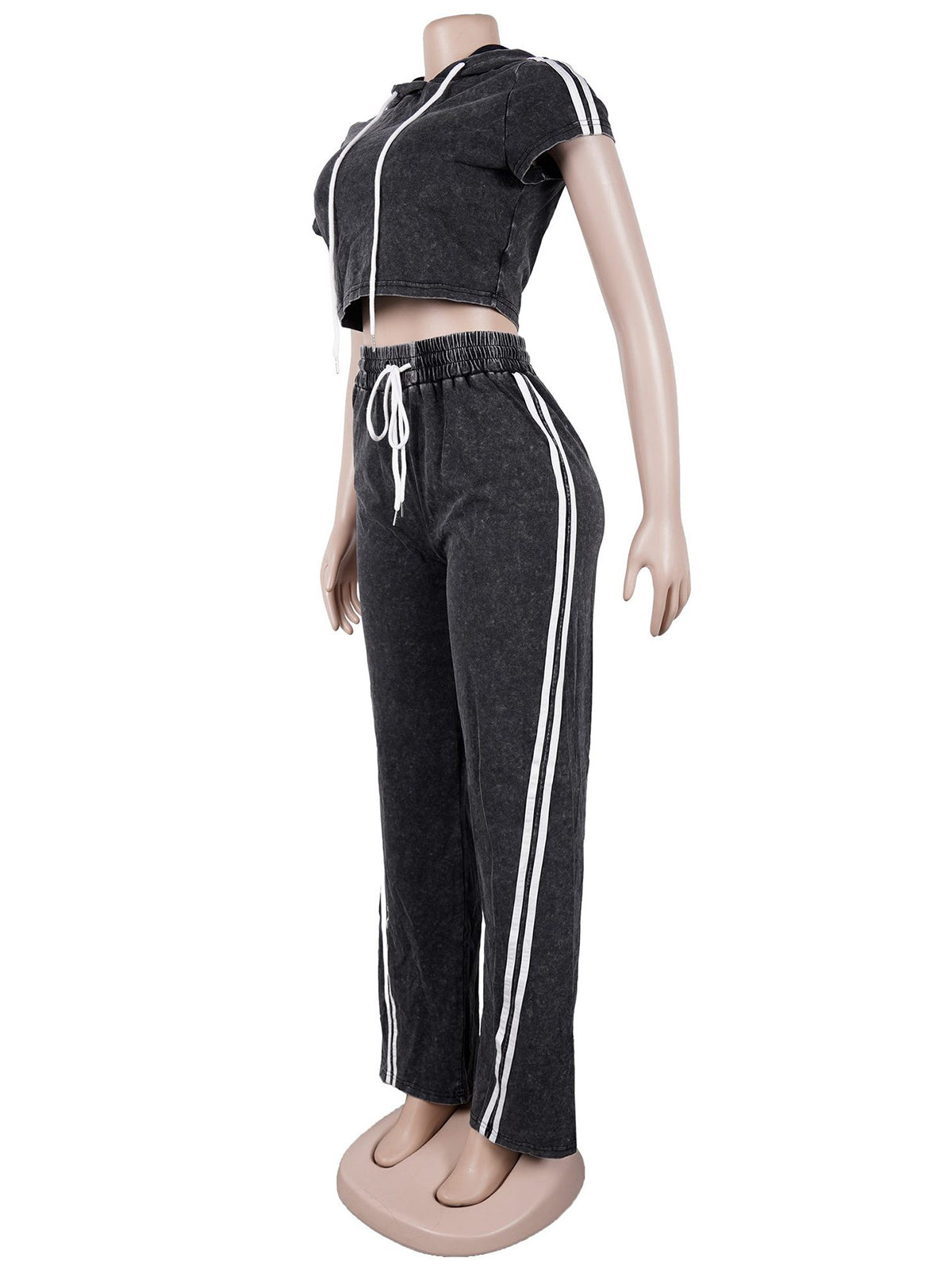 Casual Wash Cropped Hooded T Shirt and Pants Set