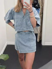 Sexy V-neck Loose Top Irregular Skirt Denim Set