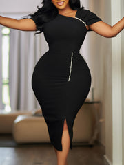 Elegant Beading Asymmetrical Collar Midi Dress