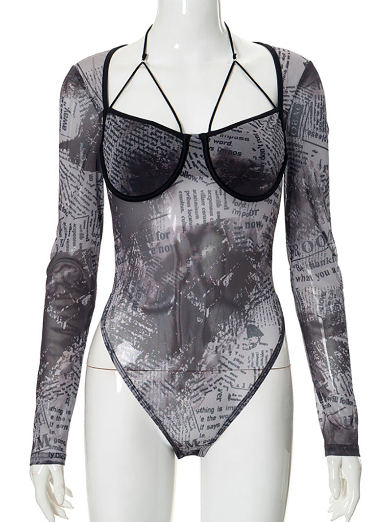 Letter Print See Through Halter Bodysuits