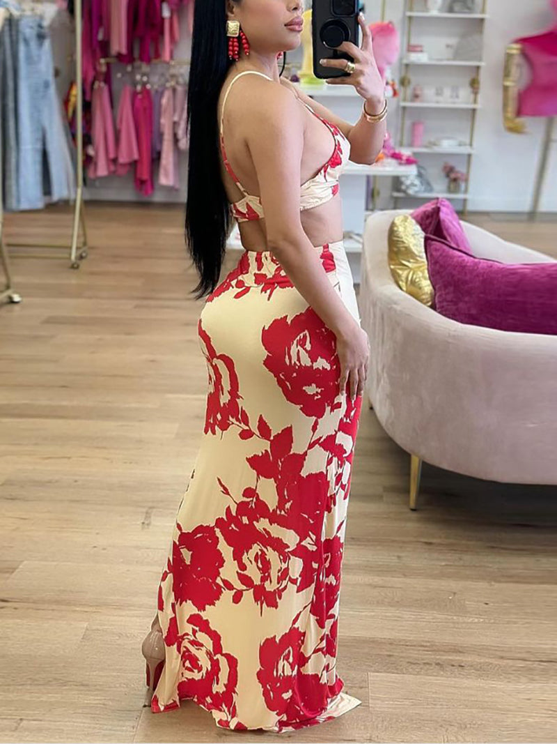 Sexy Print Hollow Out Crop Maxi Skirt Set