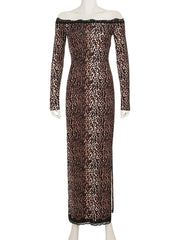 Off Shoulder Leopard Print High Slit Maxi Dress