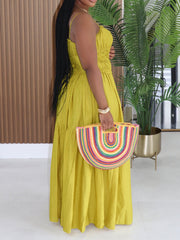 Sexy Spaghetti Strap Backless Sleeve Ruched Maxi Dress