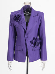 Solid Flower Patchwork Single Button Blazer