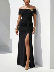 Elegant Off Shoulder Ruched Slit Maxi Dress