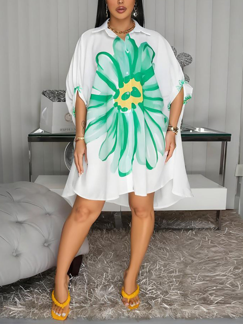 Chic Sunflower Print Loose Casual Shirt Dress