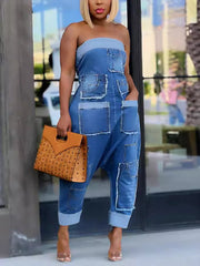 Strapless Cargo Denim Loose Jumpsuit