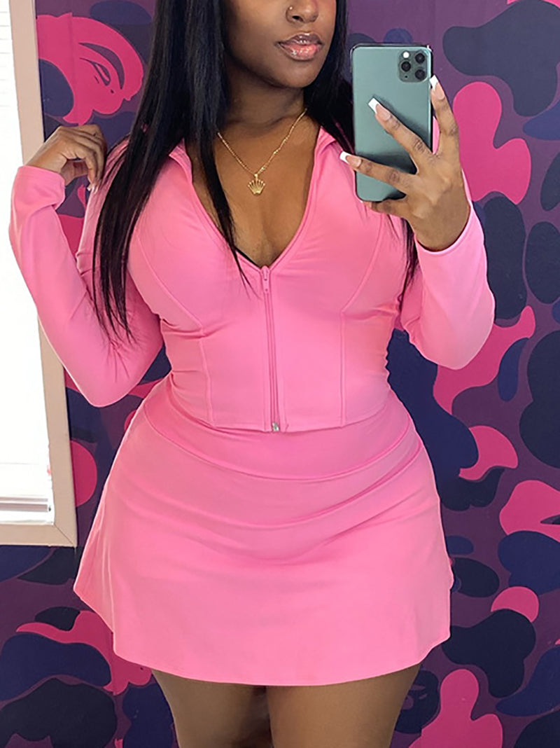 Stand Collar Zipper Slim Top Mini Skirt Set