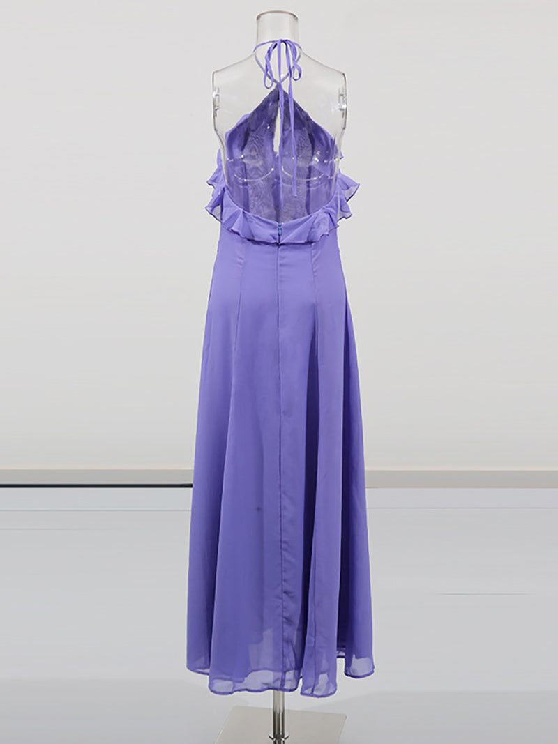 Elegant Sheer Mesh Ruffle Backless Halter Maxi Dress