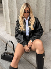 Basket Weave PU Zip Front Cropped Jacket