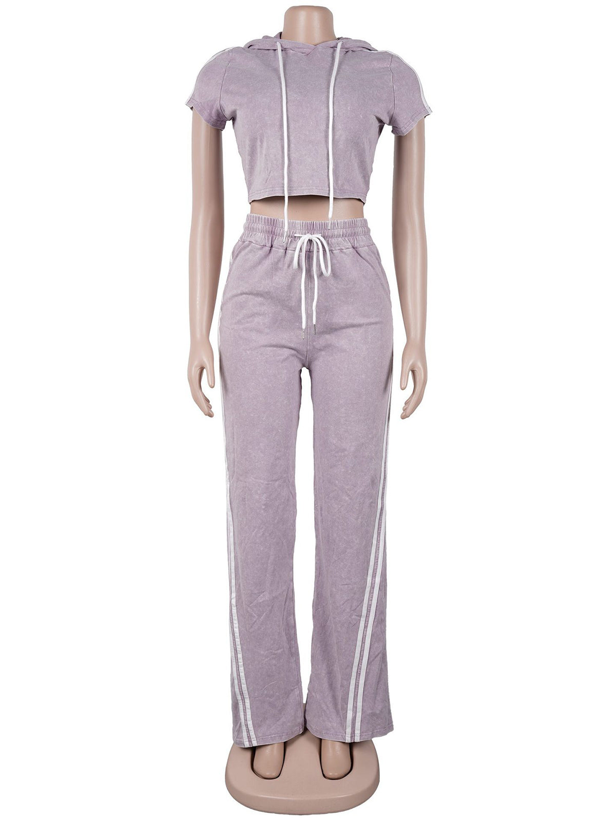 Casual Wash Cropped Hooded T Shirt and Pants Set
