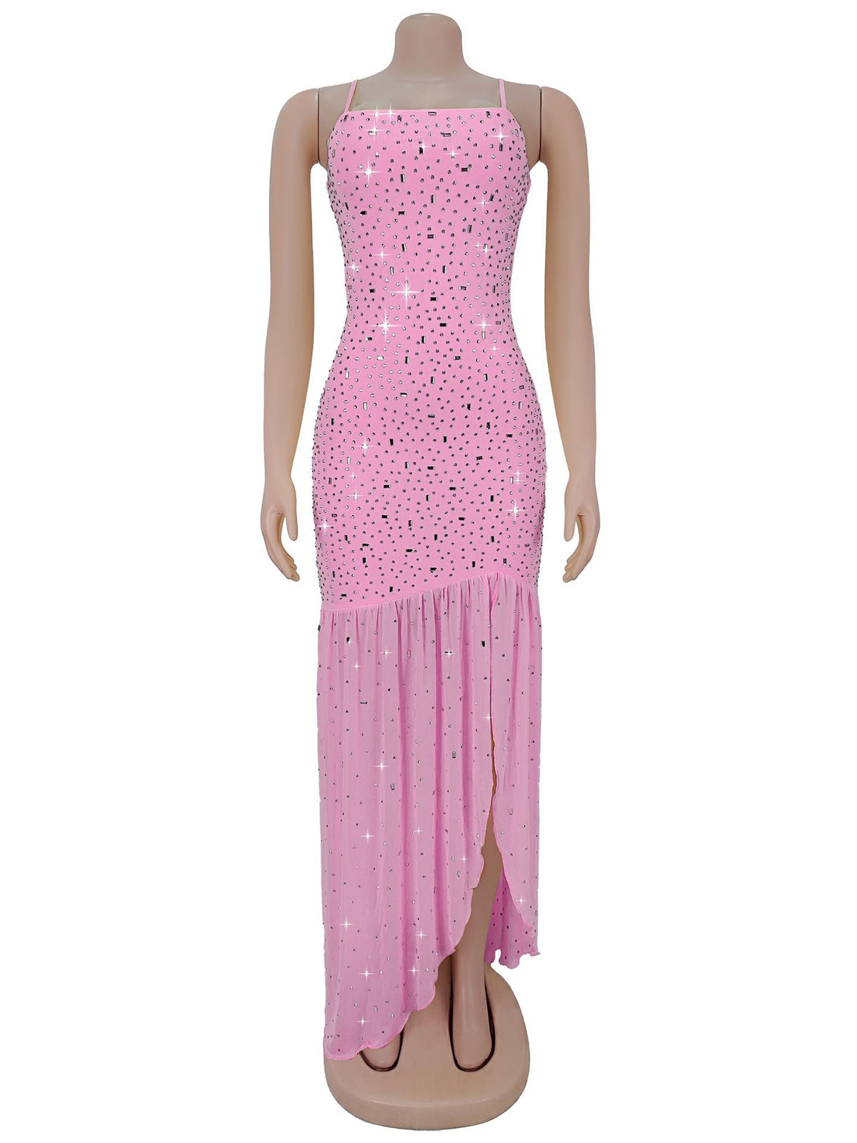Sexy Spaghetti Strap Rhinestone Mesh Maxi Dress