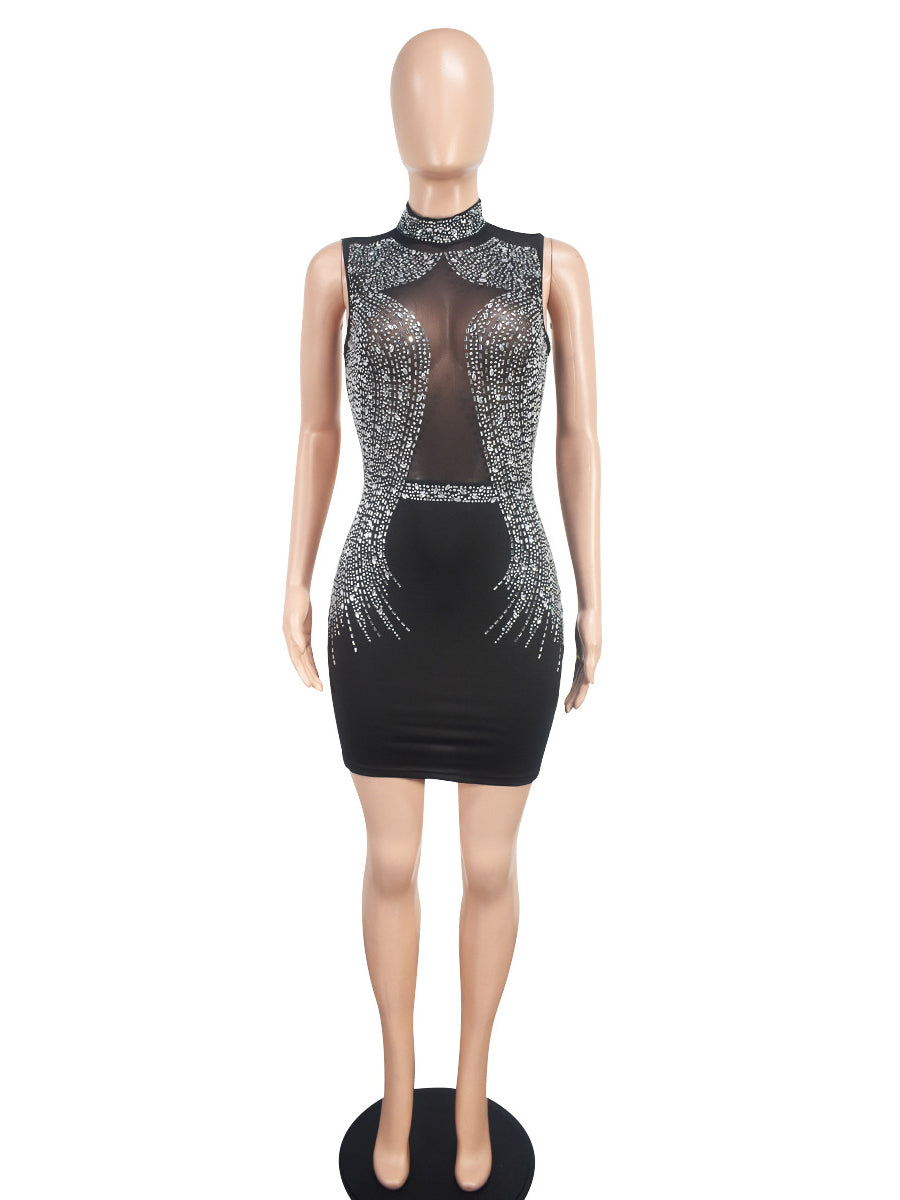 Rhinestones Mesh Patchwork Sleeveless Midi Dress