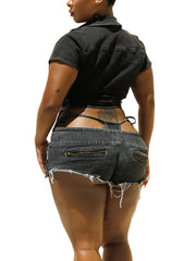 Casual Denim Cropped Jacket Shorts Two Piece Set