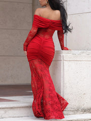 Sexy Off Shoulder Ruched Patchwork Lace Maxi Dress