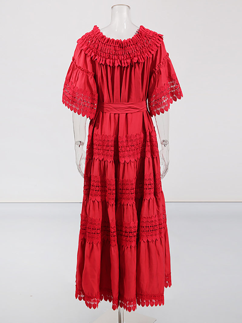 Elegant Embroidery Hollow Out Cinched Waist Maxi Dress
