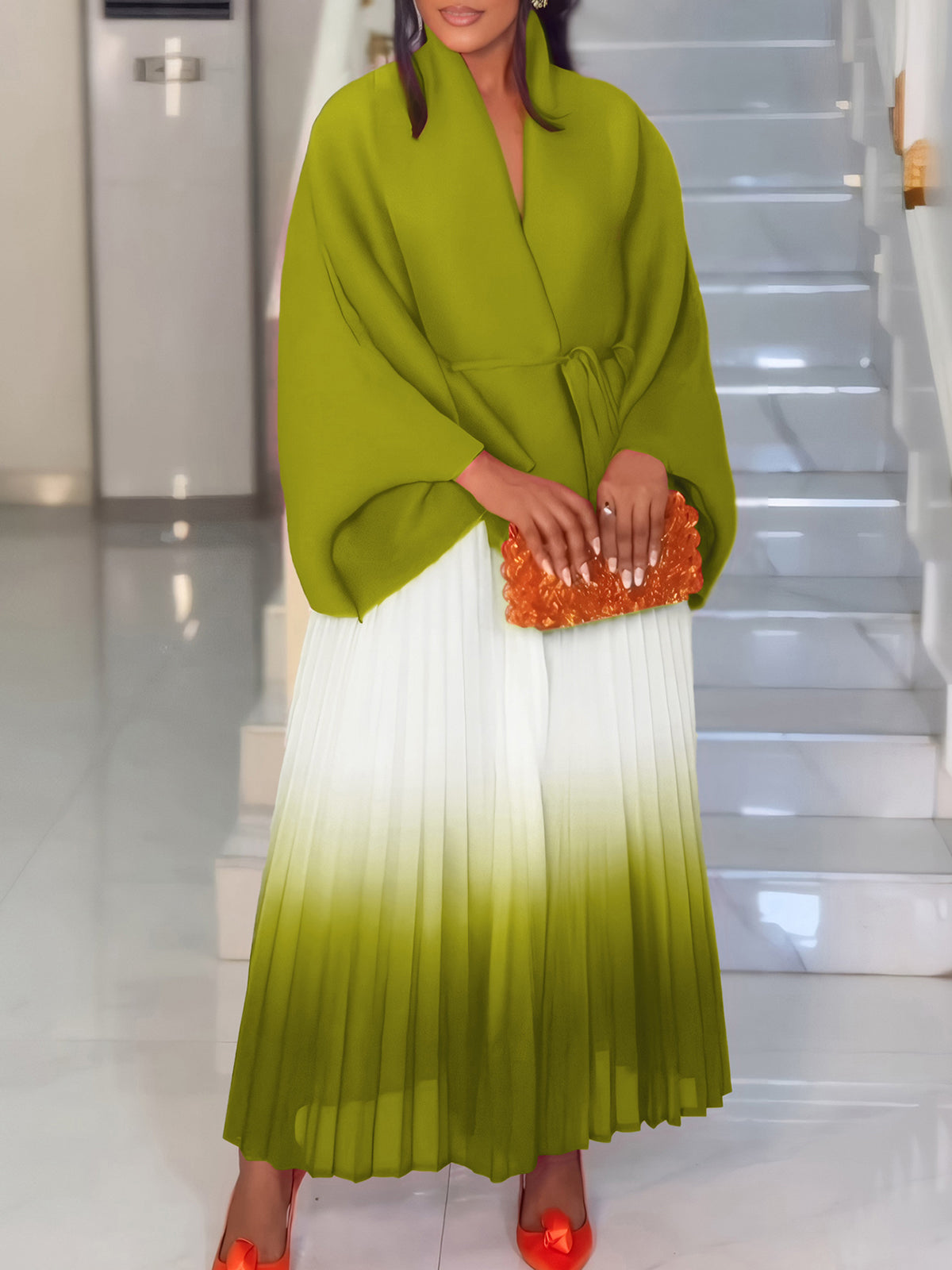 Elegant Lace-up Top and High Waist Pleated Skirt Set