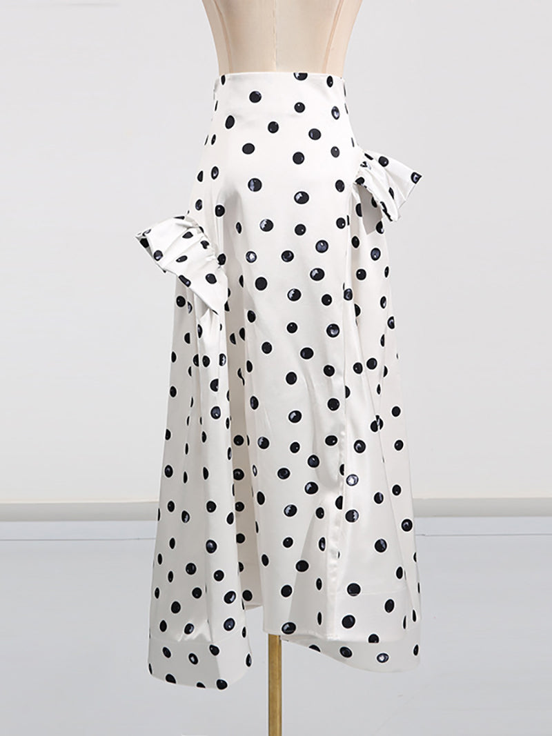 Elegant Polka Dot Print Ruffles High Waist Long Skirt