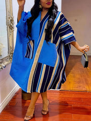 Fashion V Neck Stripe Patchwork Oversized Midi Dress
