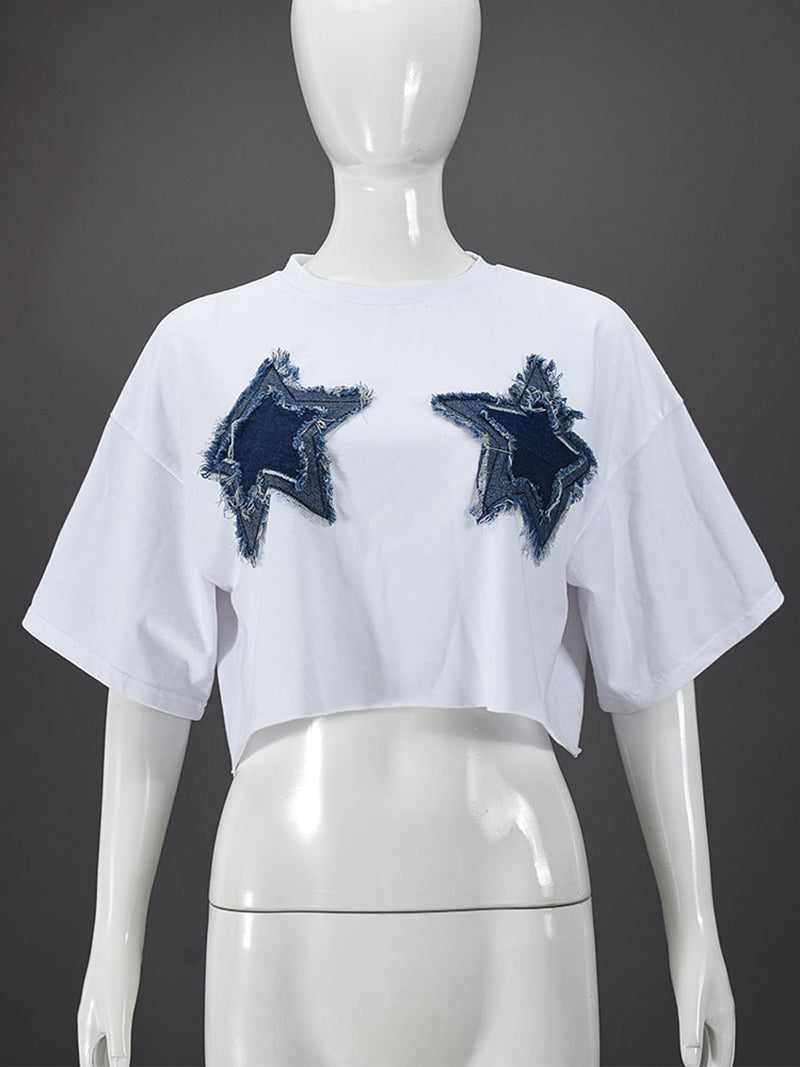 Stitching Five Pointed Star Crop T Shirt