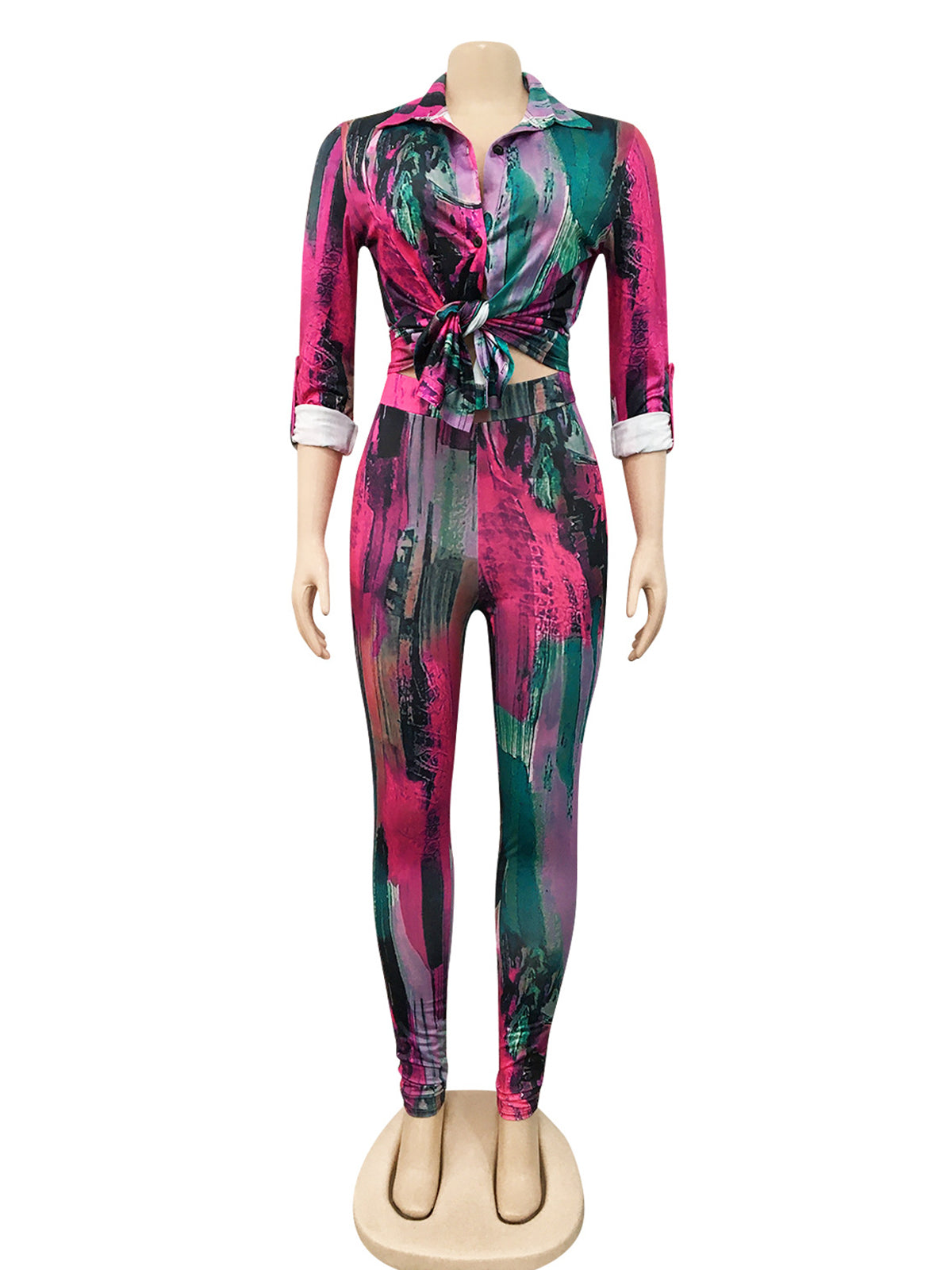 Print Turn-Down Collar Shirt Skinny Pants Two Piece Set
