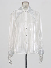 Turn-down Collar Rhinestone Sheer Loose Casual Shirt