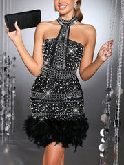 Rhinestone Choker Feather Trim Mini Dress