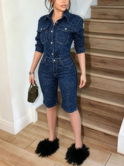 Patterned Denim Jacket and Bermuda Shorts Set