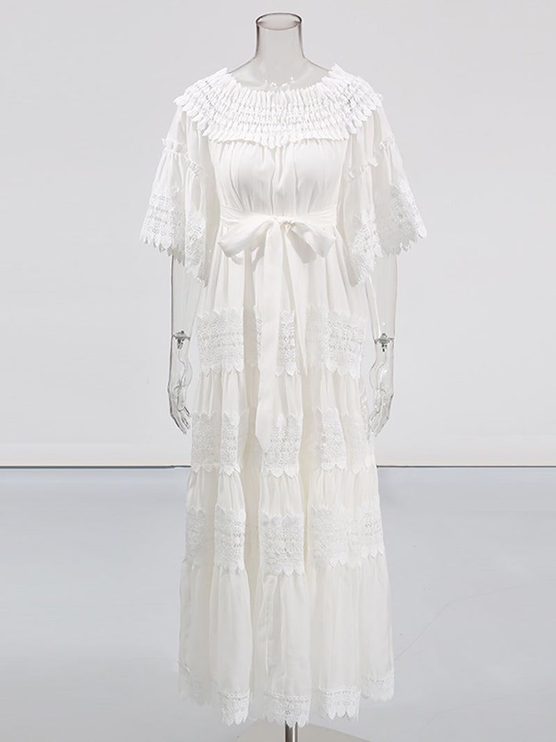 Elegant Embroidery Hollow Out Cinched Waist Maxi Dress