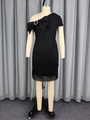 Elegant Slash shoulder Rhinestone Bow Fringe Midi Dress