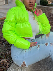 Fashion Lustrous PU Leather Cropped Puffer Coat