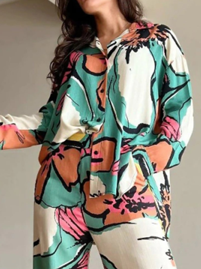 Print Shirt Wide leg Pants Set