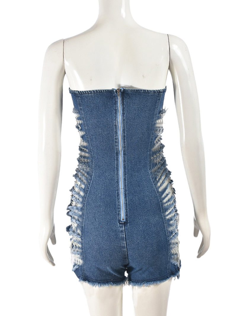 Denim Cutouts Fuzzy Trim Strapless Rompers