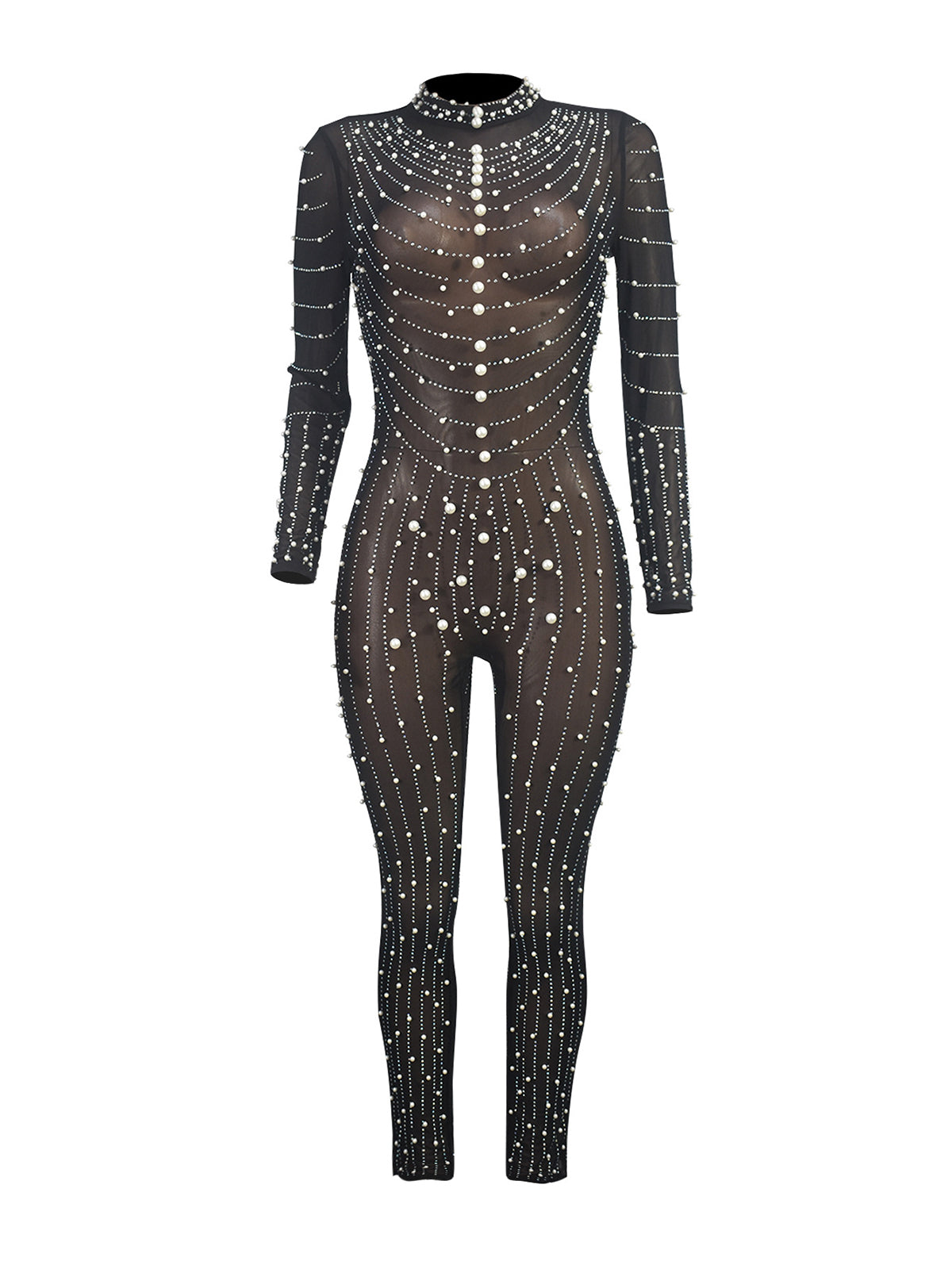 Sexy Mesh See-Through Round Neck Jumpsuit