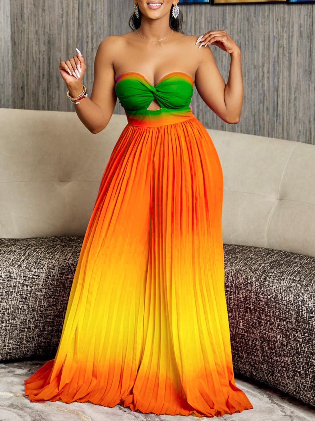 Gradient Color Print Pleated Strapless Jumpsuit