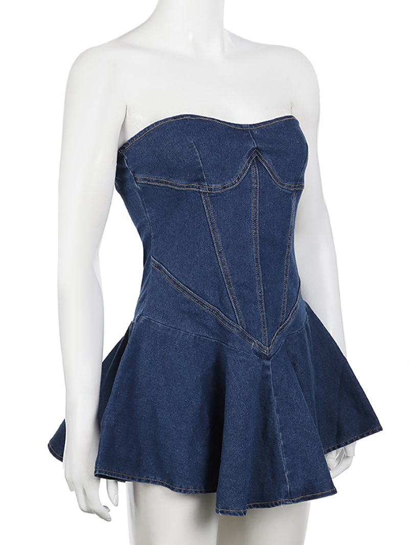 Sexy Strapless Ruffle Hem Denim Mini Dress