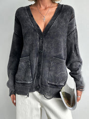 Solid Knit Button Frayed Cardigan