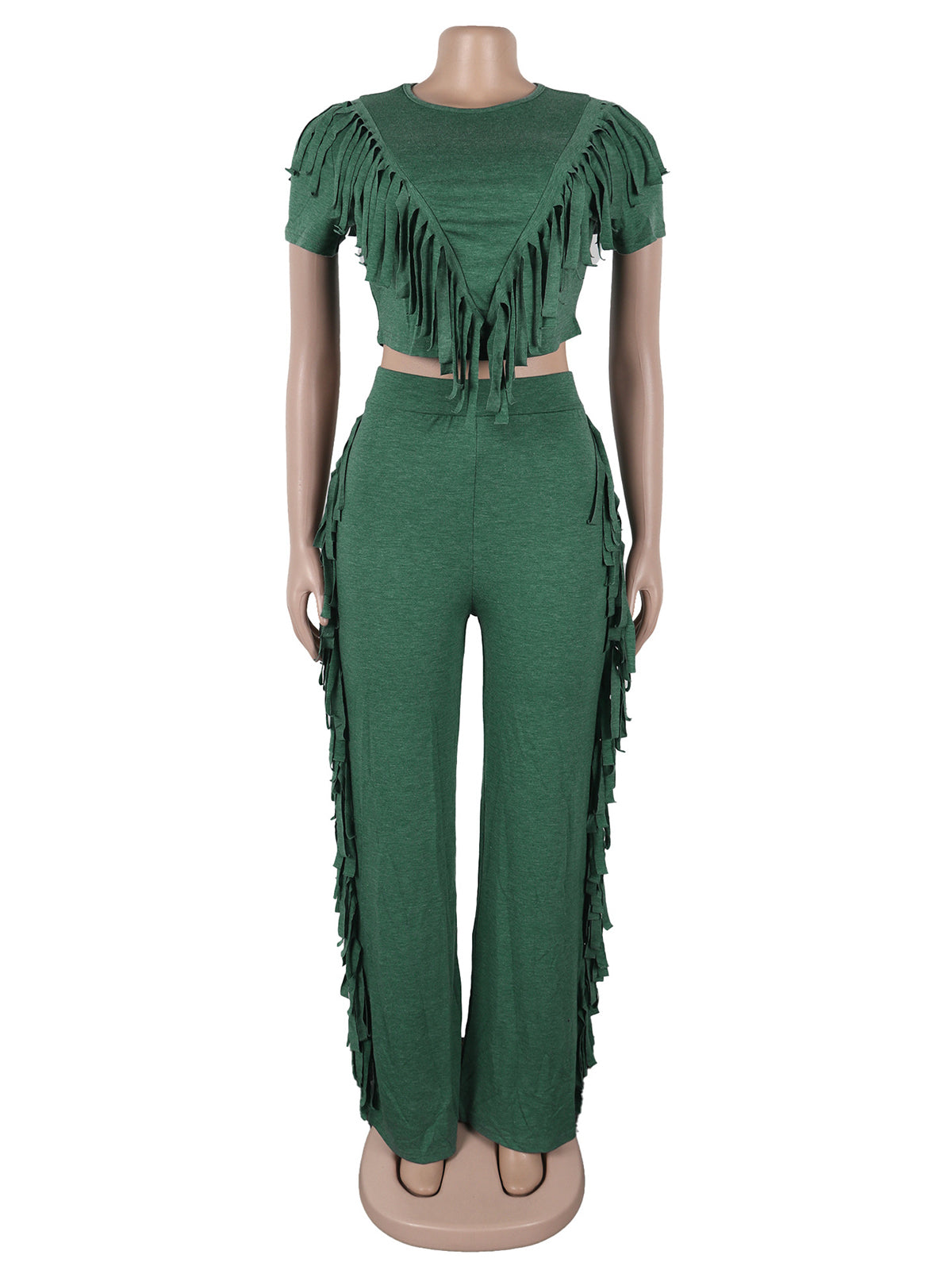 Fringe Crop Top Elastic Pants Casual Two Piece Sets