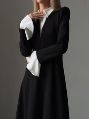 Fashion Elegant Patchwork Lapel A-Line Midi Dress