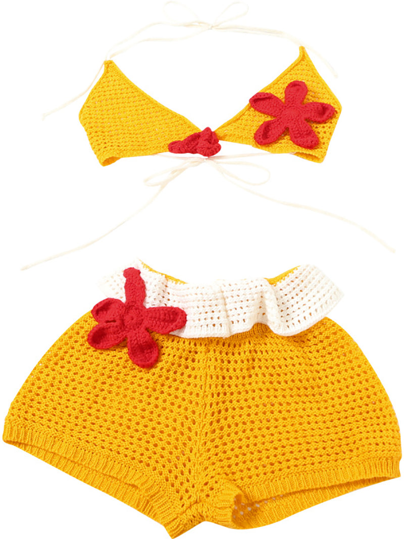 Sexy Bikini Crochet Flower Embellishment Shorts Set