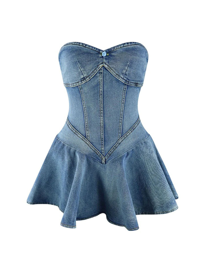 Strapless Backless Elastic Ruffle Denim Dress