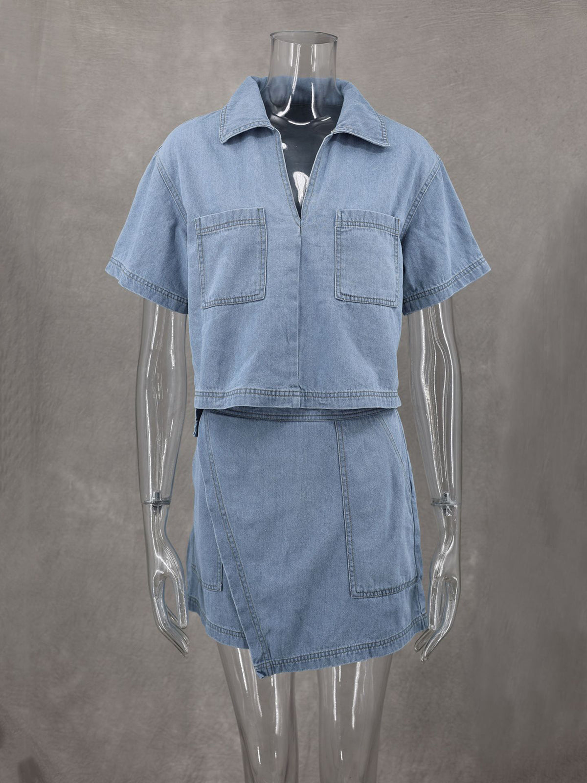 Sexy V-neck Loose Top Irregular Skirt Denim Set