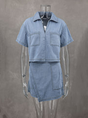 Sexy V-neck Loose Top Irregular Skirt Denim Set