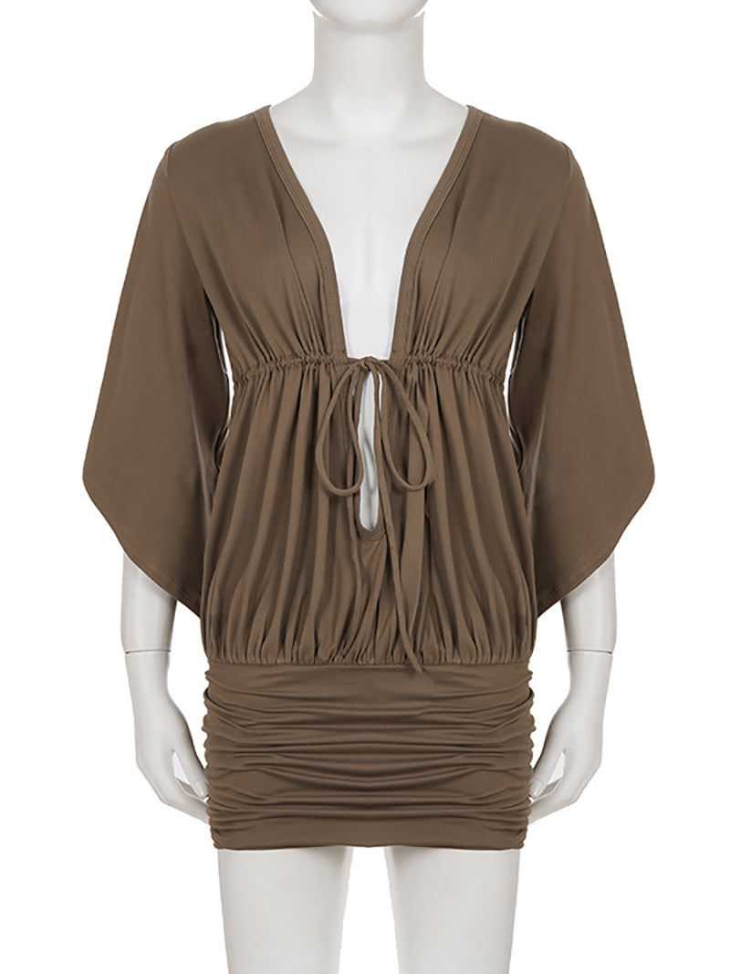 Sexy Deep V Lace-up Package Hip Mini Dress